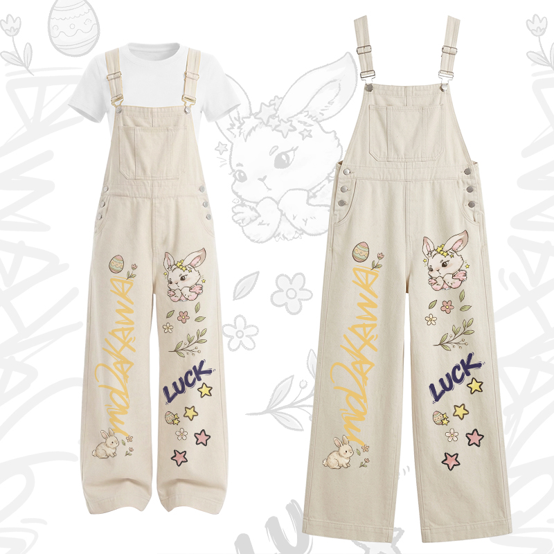 LUCK Bunny Graphic U-Neck T-shirt Cargo Overalls Modakawa Two Pieces Set - Set C - XL - image 3