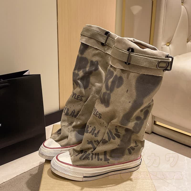 Vintage Graffiti High Top Canvas Stacked Mid Calf Boots - Khaki - 40 - image 10