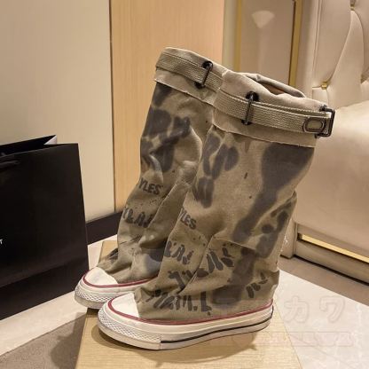 Vintage Graffiti High Top Canvas Stacked Mid Calf Boots - Khaki - 40 - image 10