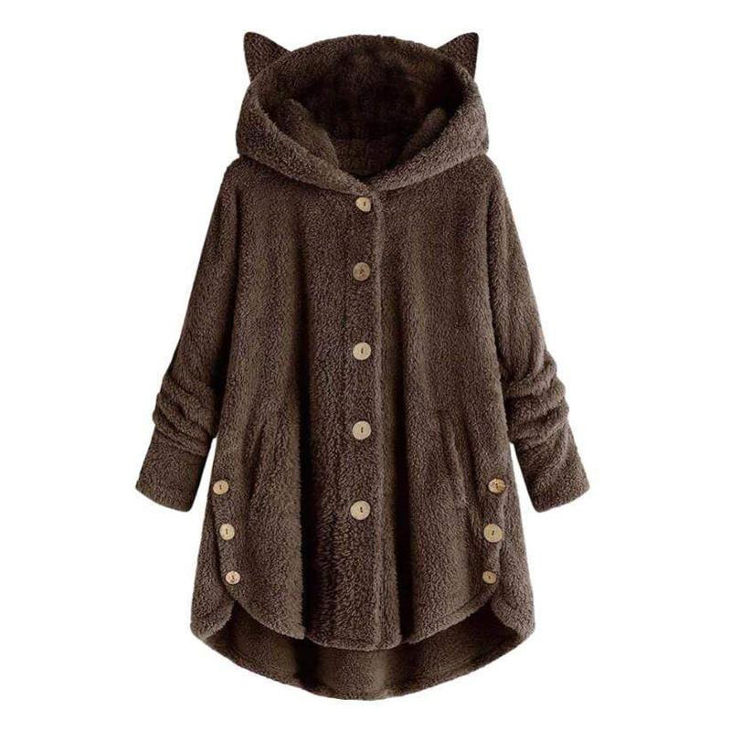 Kitty Ear Button Irregular Hooded Sweatshirt - Brown - 5XL - image 4