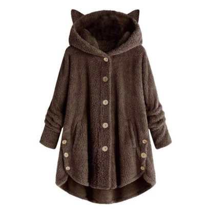 Kitty Ear Button Irregular Hooded Sweatshirt - Brown - 5XL - image 4