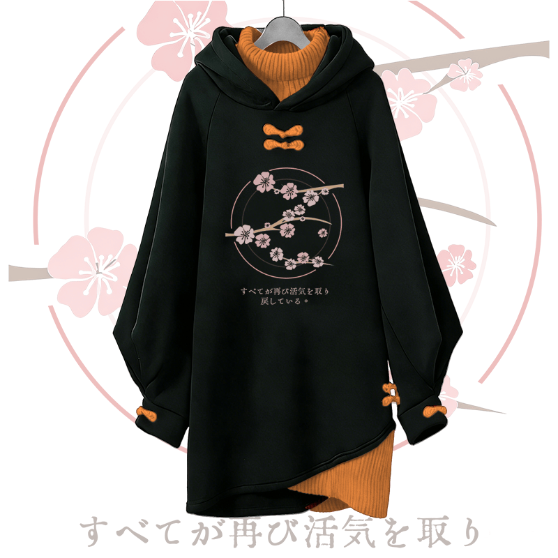 Cherry Blossom Graphic Modakawa Buckle Vintage Hooded Sweatshirt Dress - Orange - 3XL - image 3