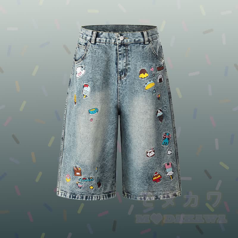 Puppy Graphic Stripe Polo T-shirt Food Embroidery Denim Cropped Pants Modakawa Matching Outfit - Blue Pants - XL - image 5