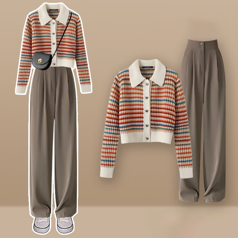 Colorblock Stripe Rainbow Cardigan Sweater Casual Pants Matching Outfit - Set D - XL - image 4
