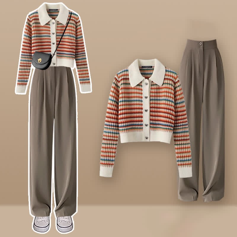 Colorblock Stripe Rainbow Cardigan Sweater Casual Pants Matching Outfit - Set D - XL - image 4