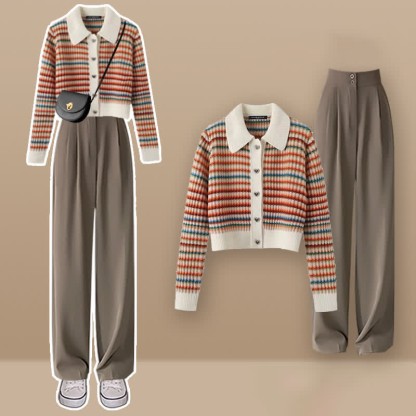 Colorblock Stripe Rainbow Cardigan Sweater Casual Pants Matching Outfit - Set D - XL - image 4