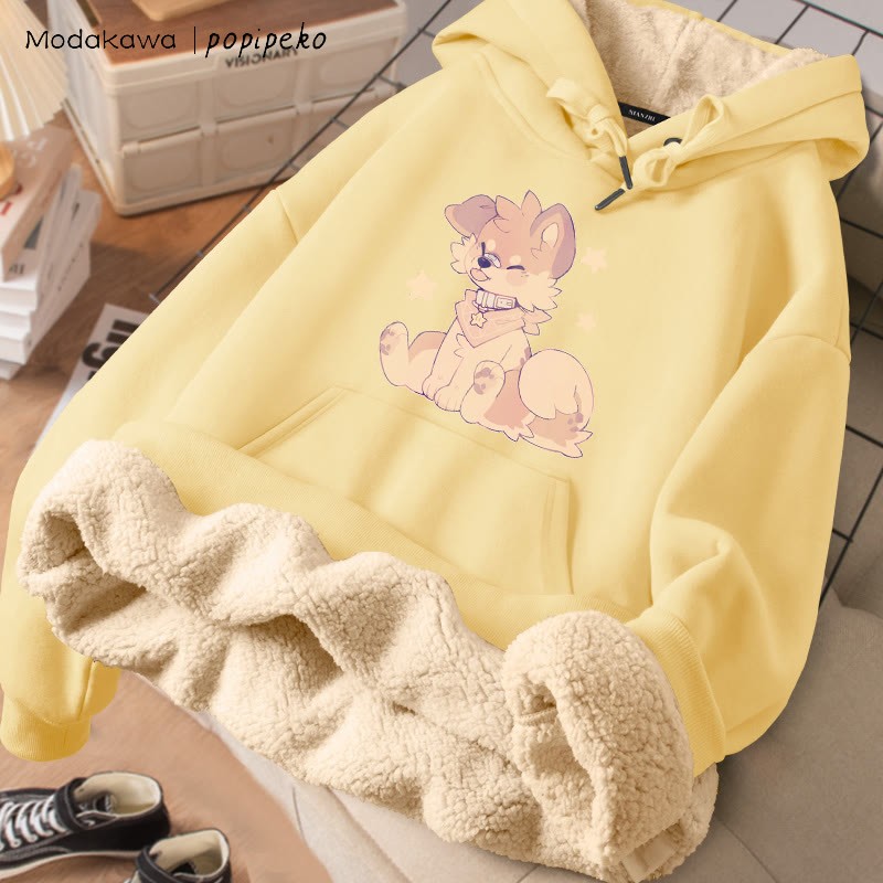 MODAKAWA X popipeko Tongue-out Puppy Graphic Thick Fleece Lined Winter Hoodie - Yellow - 2XL - image 3