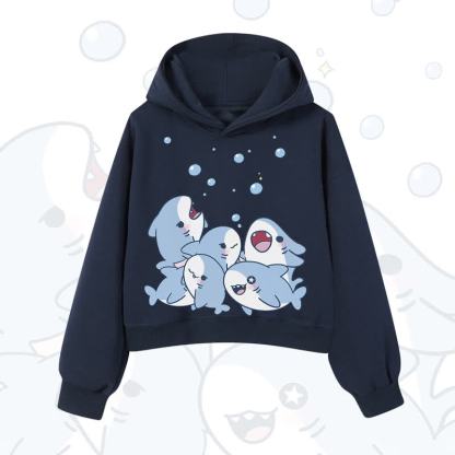 MODAKAWA Bubble Sharks Print Cropped Cotton Hoodie - Navy Blue - 3XL - image 10