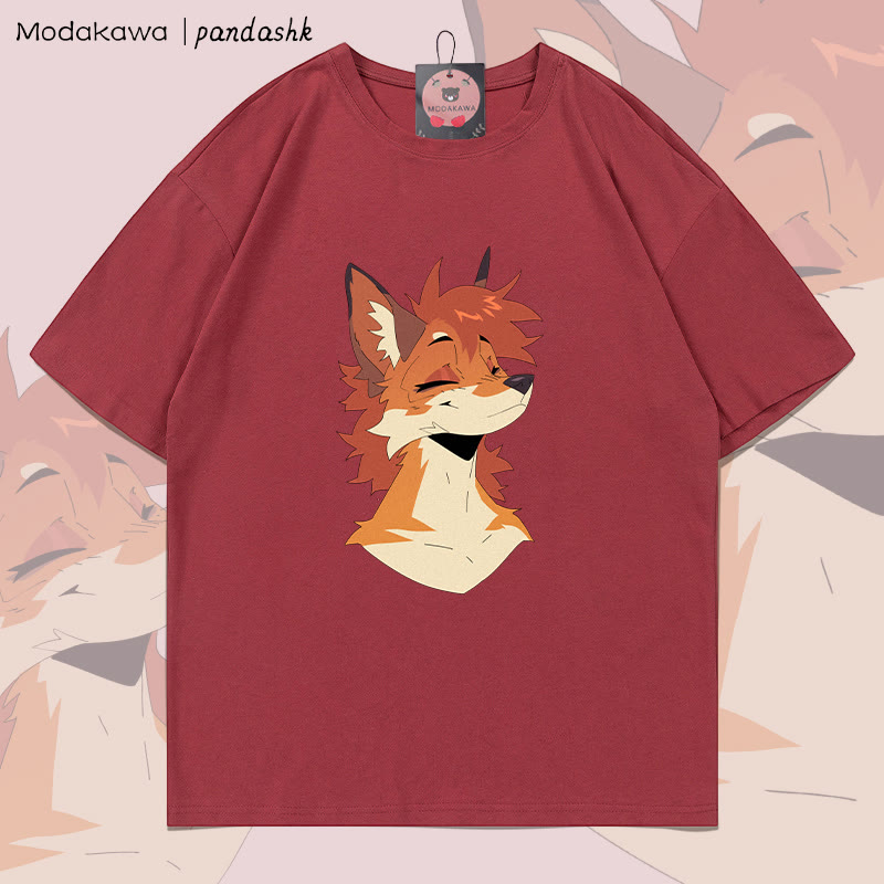MODAKAWA X pandashk Smile Fox Graphic Cotton T-shirt - Brick Red - 5XL - image 3