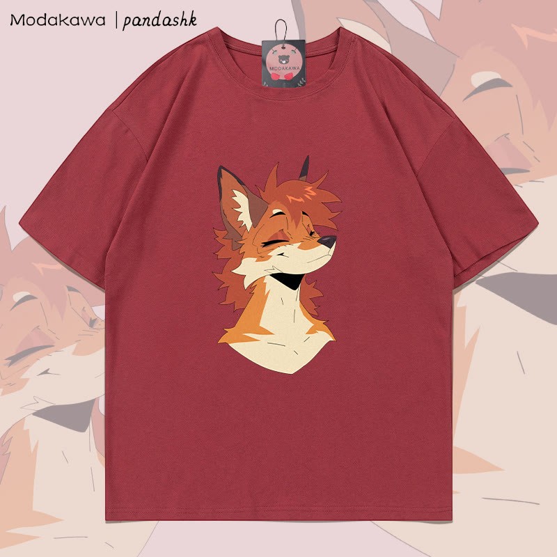 MODAKAWA X pandashk Smile Fox Graphic Cotton T-shirt - Brick Red - 5XL - image 3