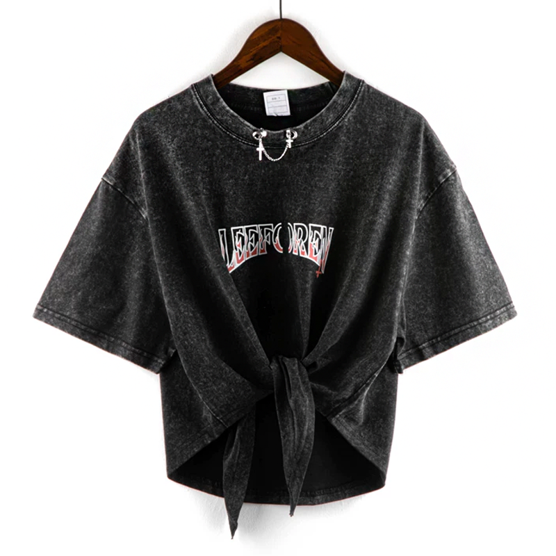 Washed Vintage Letter Print Asymmetric Short Sleeve T-shirt  - Black B - 2XL - image 5
