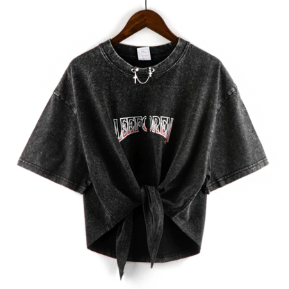 Washed Vintage Letter Print Asymmetric Short Sleeve T-shirt  - Black B - 2XL - image 5