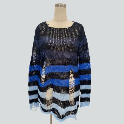 Gradient Loose Distressed Ripped Striped Knit Sweater - Black & Blue - One Size - image 7