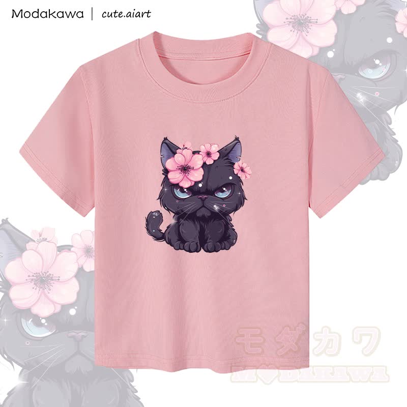 MODAKAWA X cute.aiart Floral Cat Graphic Women's Cropped T-Shirt 92% Combed Cotton Crop Top - Pink - XL - image 3