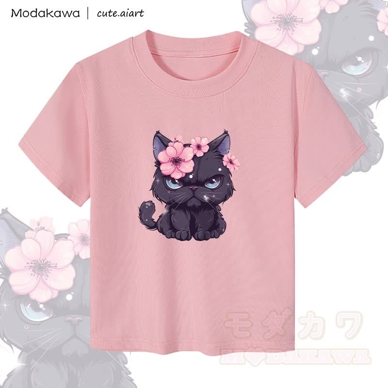 MODAKAWA X cute.aiart Floral Cat Graphic Women's Cropped T-Shirt 92% Combed Cotton Crop Top - Pink - XL - image 3