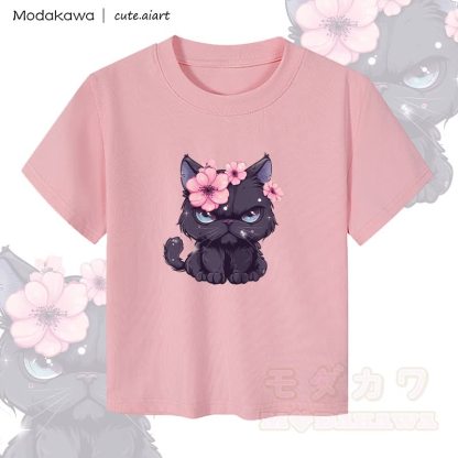 MODAKAWA X cute.aiart Floral Cat Graphic Women's Cropped T-Shirt 92% Combed Cotton Crop Top - Pink - XL - image 3