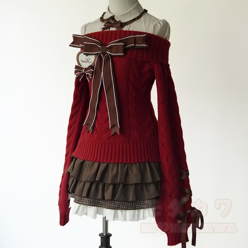 Bow Shirt Off Shoulder Knit Sweater Ruffle Skirt Matching Outfit - Red Set - XL - image 8