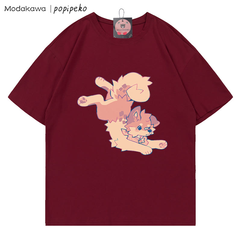 MODAKAWA X popipeko Puppy Print T-shirt - Wine Red - 5XL - image 7