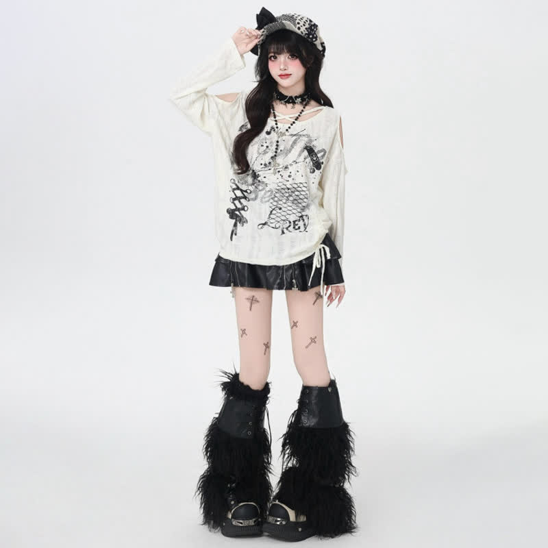 Y2K  Distressed Graffiti Cutout Off Shoulder Long Sleeve T-Shirt - image 4