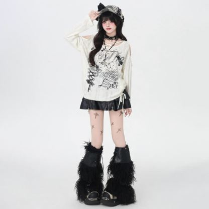Y2K  Distressed Graffiti Cutout Off Shoulder Long Sleeve T-Shirt - image 4