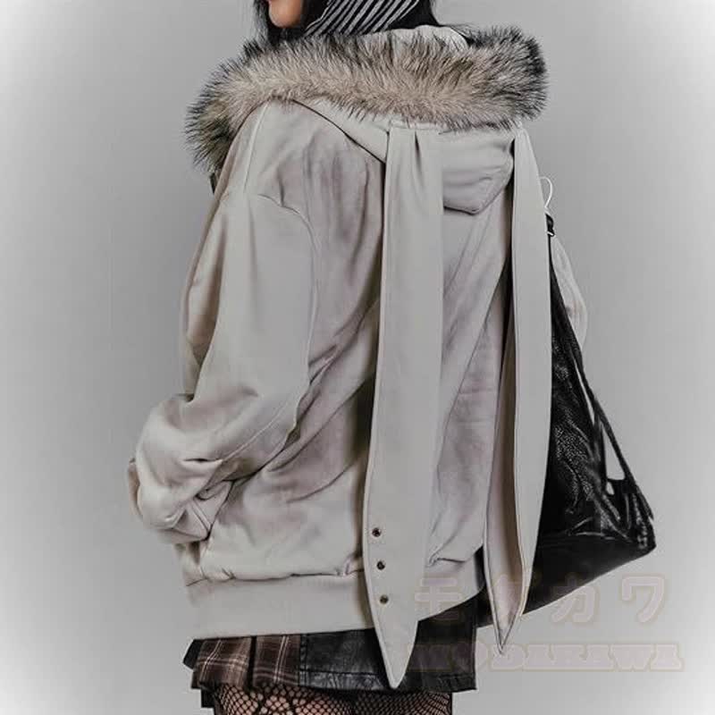 Vintage Distressed Bunny Ear Hooded Zip Up Sweatshirt Jacket - image 4