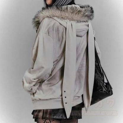 Vintage Distressed Bunny Ear Hooded Zip Up Sweatshirt Jacket - image 4