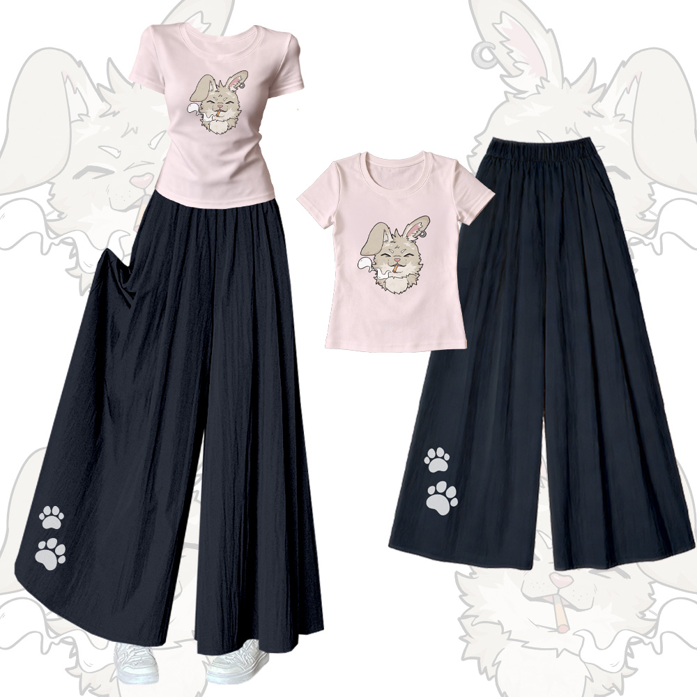 Nabi Smoking Puppy Graphic U-Neck T-shirt Wide Leg Pants Modakawa Matching Outfit - Set B - XL - image 2