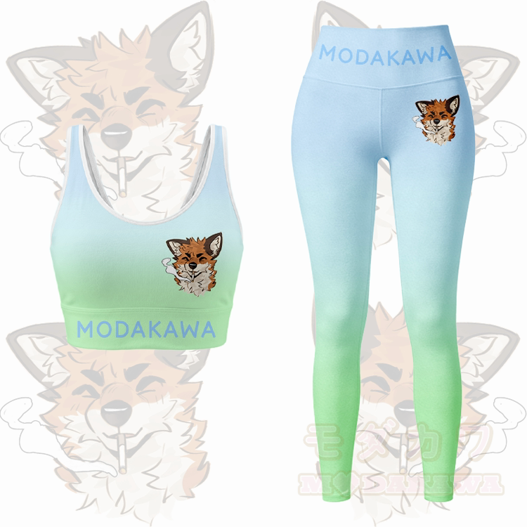 MODAKAWA X atka Smoking Fox Graphic Gradient Sports Bra Top Leggings Matching Outfit - Green Set - 5XL - image 10