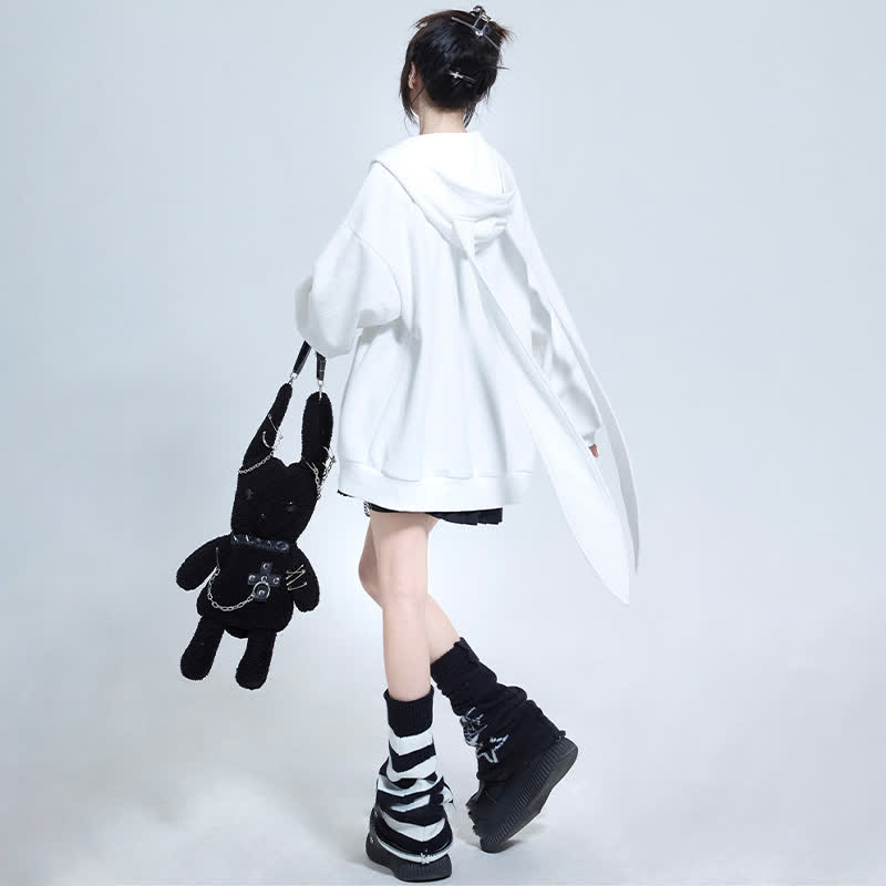 Long Bunny Ears Pocket Oversize Zipper Hooded Sweatshirt   - White - 3XL - image 6