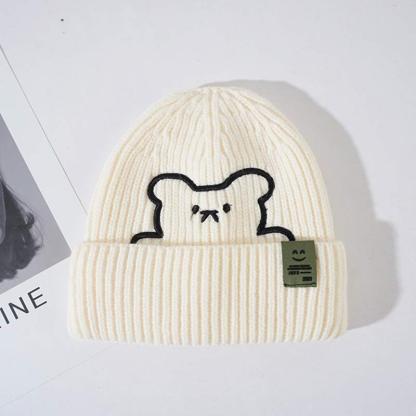 Cartoon Bear Embroidery Knit Hat - White - M(54-58cm) - image 11