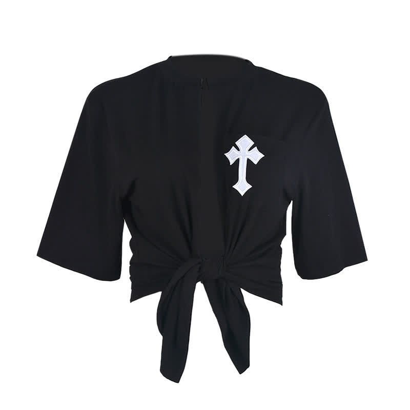 Cross Embroidery Pocket Lace Up Crop T-Shirt - Black - L - image 3