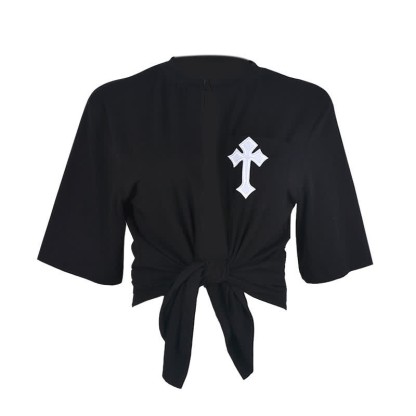 Cross Embroidery Pocket Lace Up Crop T-Shirt - Black - L - image 3