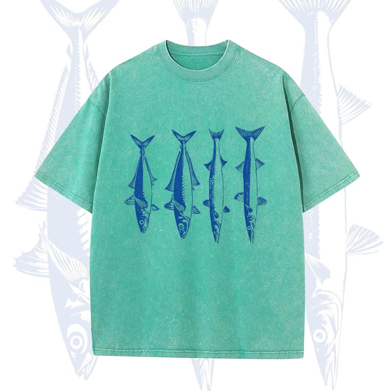 Modakawa Vintage Fish Print Washed T-shirt - Green - 5XL - image 6