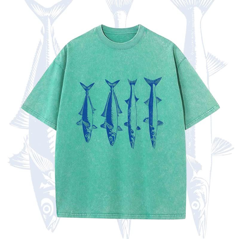 Modakawa Vintage Fish Print Washed T-shirt - Green - 5XL - image 6