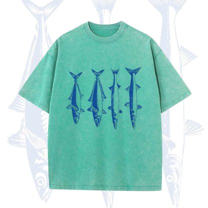 Modakawa Vintage Fish Print Washed T-shirt - Green - 5XL - image 6
