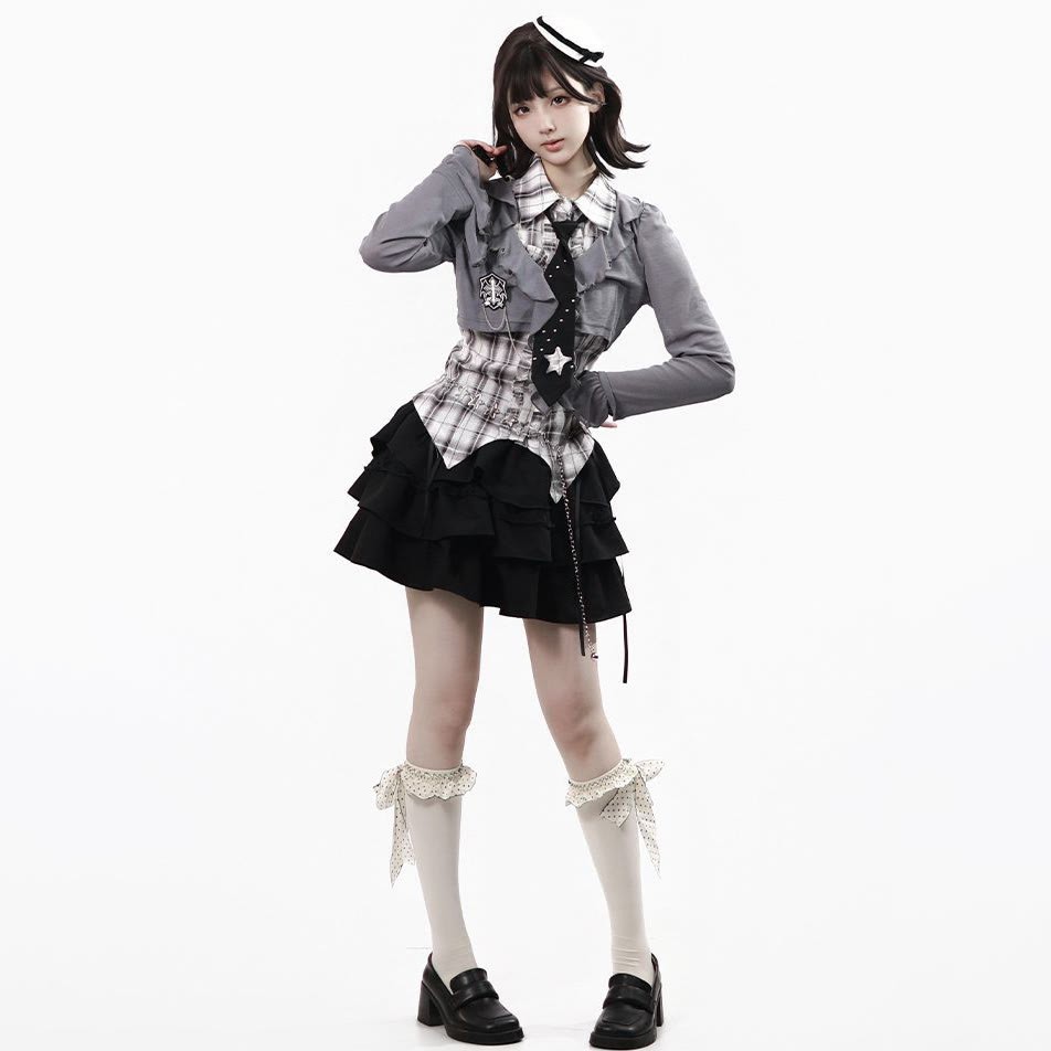 Y2K Knit Cover-Up with Plaid Shirt and Tiered Mini Skirt Three Pieces Set - White Set - XL - image 7