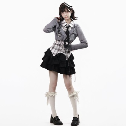 Y2K Knit Cover-Up with Plaid Shirt and Tiered Mini Skirt Three Pieces Set - White Set - XL - image 7