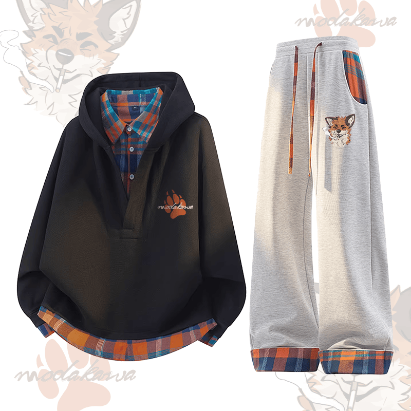 MODAKAWA X atka Fox Smoking Graphic Plaid Hoodie Pants Two Pieces Set - Black & Grey - 3XL - image 2