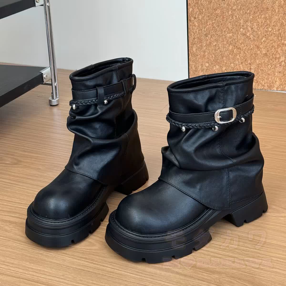 Vintage Round Toe Platform Martin Boots with Buckle Strap - Black - 40 - image 7