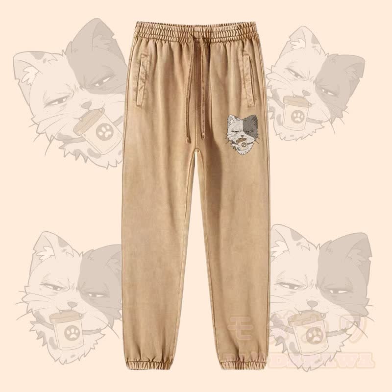 MODAKAWA Cat Holding Can Graphic Vintage Washed Jogger Pants - Khaki - 2XL - image 4