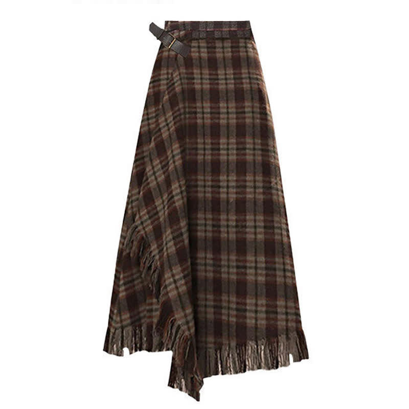 Casual Cat Print Round Neck Knit Sweater Fringe Plaid Skirt Two Pieces Set - Skirt - 3XL - image 5