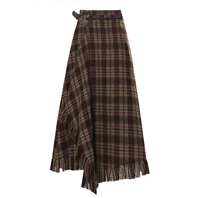 Casual Cat Print Round Neck Knit Sweater Fringe Plaid Skirt Two Pieces Set - Skirt - 3XL - image 5