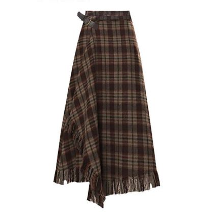 Casual Cat Print Round Neck Knit Sweater Fringe Plaid Skirt Two Pieces Set - Skirt - 3XL - image 5