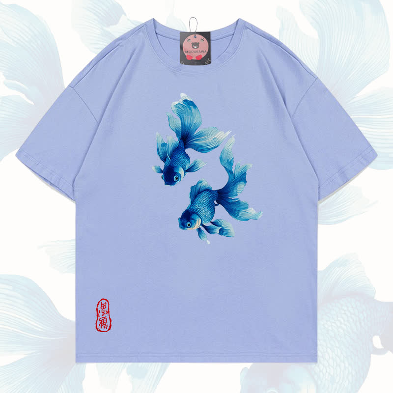 MODAKAWA Fish Graphic 100% Cotton T-shirt - Haze blue - 5XL - image 10