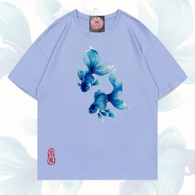 MODAKAWA Fish Graphic 100% Cotton T-shirt - Haze blue - 5XL - image 10