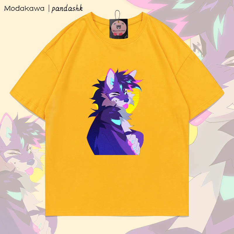 MODAKAWA X pandashk Tongue Out Fox Graphic Cotton T-shirt - Yellow - 5XL - image 3