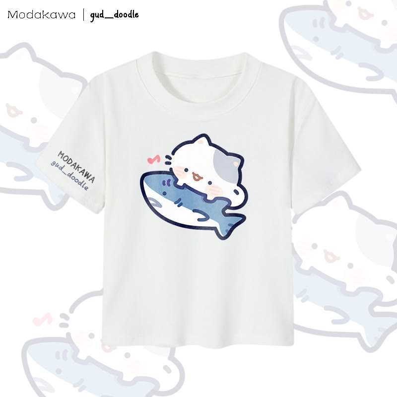 MODAKAWA X gud_doodle Cat Shark Graphic Women's Cropped T-Shirt 92% Combed Cotton Crop Top - White - XL - image 4