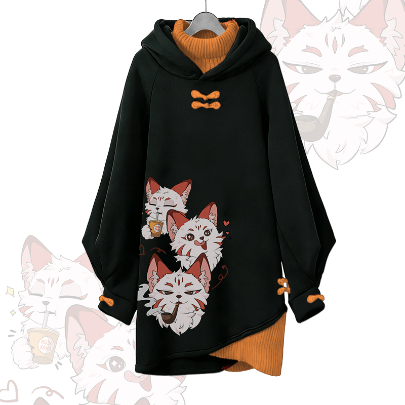 Smoking Red Fox Graphic Modakawa Buckle Vintage Hooded Sweatshirt Dress - Orange - 3XL - image 3