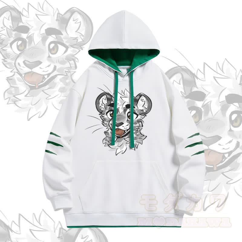 MODAKAWA X atka Cheeky Tiger Face Graphic Oversized Contrast Lining Pullover Hoodie - White - 4XL - image 2