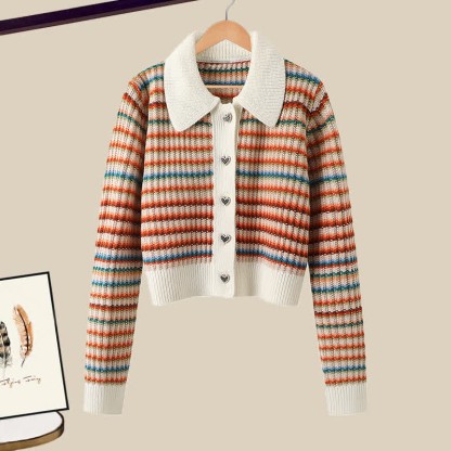 Colorblock Stripe Rainbow Cardigan Sweater Casual Pants Matching Outfit - Sweater - XL - image 5